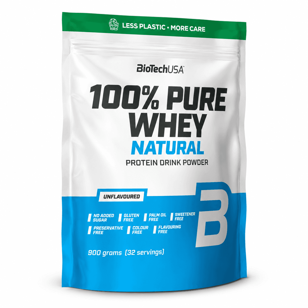 BioTechUSA 100% Pure Whey Natural 900g – whey protein bez ukusa u plavo-belom pakovanju
