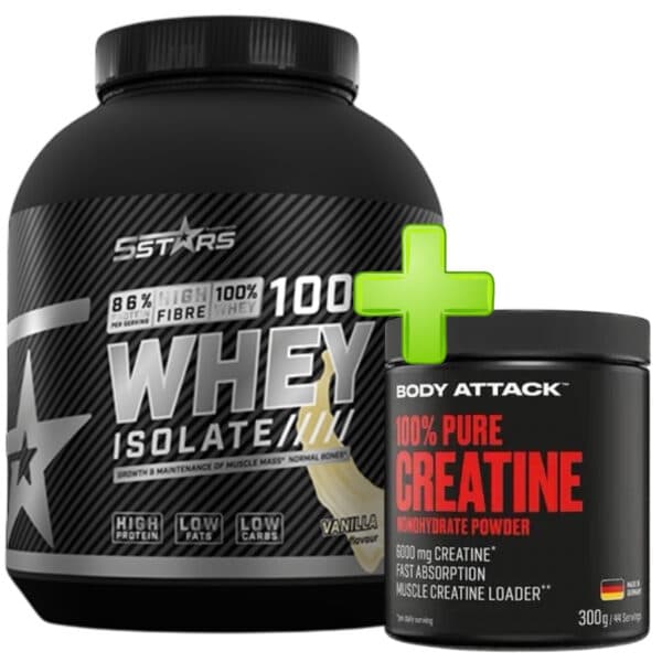Whey Izolat 2kg 5stars + Kreatin 300g Boddy Attack za definiciju misica i brzi oporavak