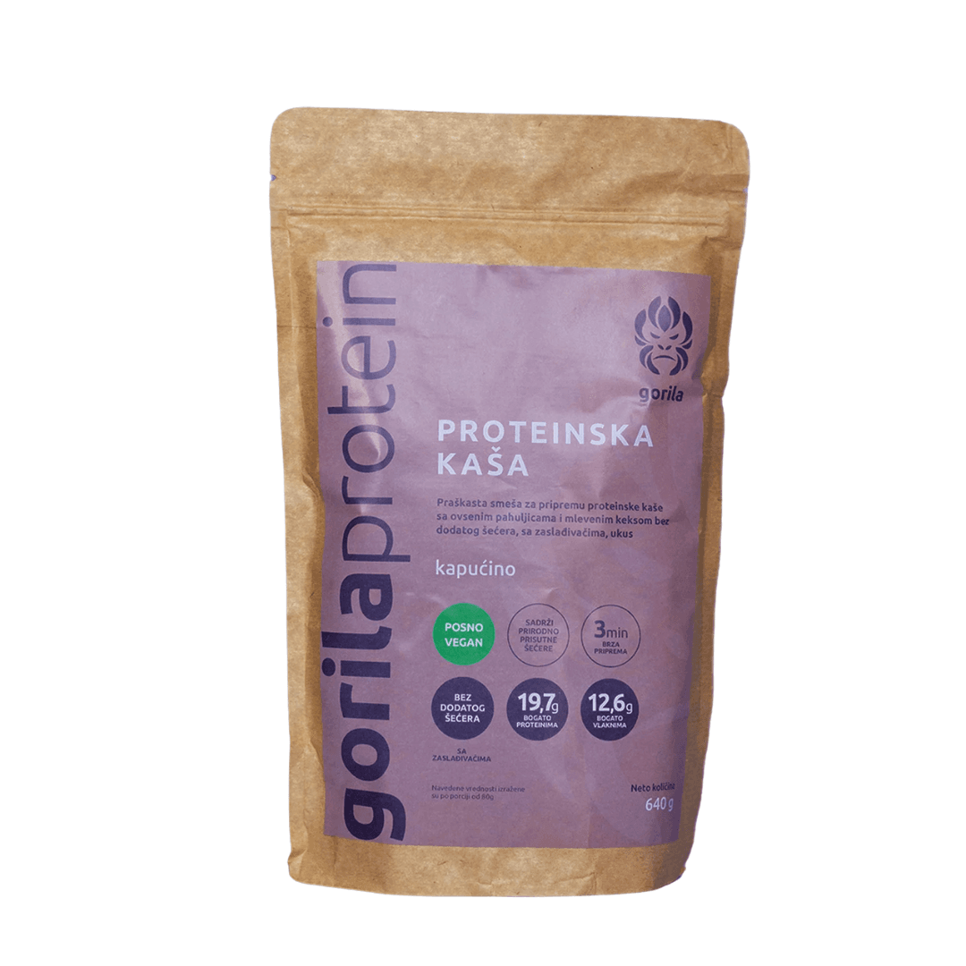 Proteinska kaša Kapućino Gorila Protein 640g sa ovsenim pahuljicama, mlevenim keksom, biljnim proteinima i dodatim vitaminima
