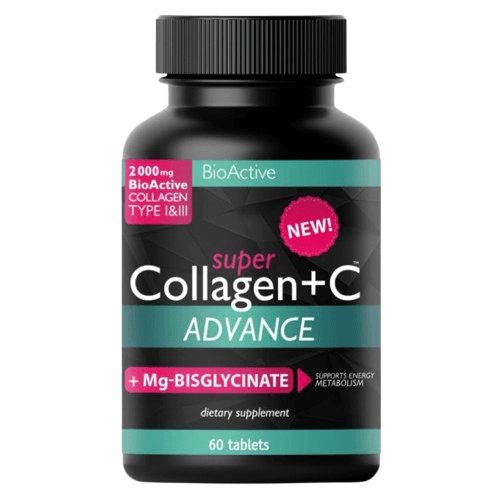 Super Collagen + C Advance tablete sa bioaktivnim kolagen peptidima, magnezijum bisglicinatom i vitaminom C za svakodnevnu suplementaciju.
