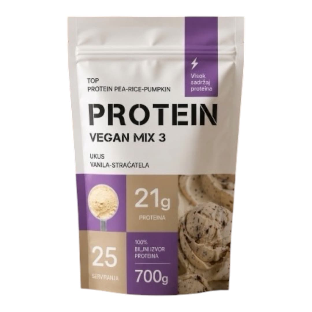 Protein Vegan Mix 3 Vanila Straćatela 700 g – biljni protein od pirinča, graška i bundeve sa kokosovim mlekom u prahu, inulinom i kremastim ukusom vanile i straćatele.