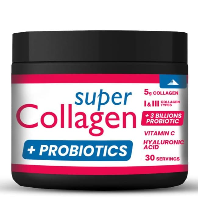Super Collagen + Probiotics u prahu sa hidrolizovanim kolagen peptidima, probioticima, hijaluronskom kiselinom, vitaminom C, ekstraktom acerole i šipurka.
