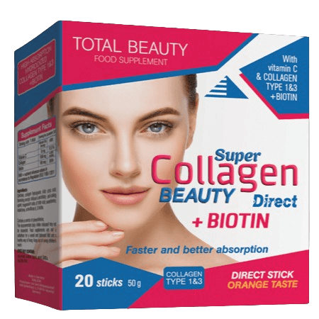 Super Collagen Beauty Direct kesice sa dva tipa hidrolizovanog kolagena, vitaminom C i biotinom u mikrogranulama koje se rastapaju direktno u ustima.