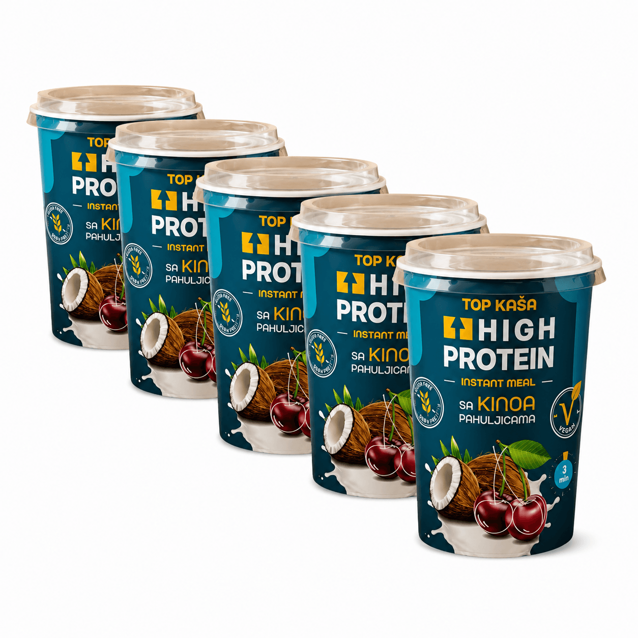 Zdrava kaša sa kinoom, kokosovim kockicama, liofilizovanom višnjom, proteinom graška i bademovim proteinskim brašnom za hranljiv i ukusan doručak.