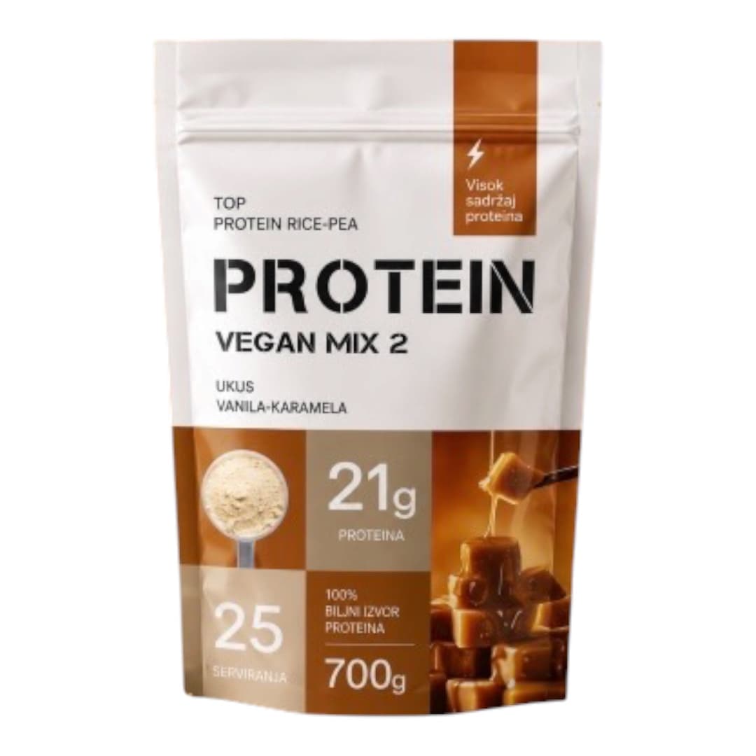 Vegan Protein Mix 2 Vanila Karamela 700 g – biljni protein od pirinča i graška sa kokosovim mlekom u prahu, inulinom i kremastim ukusom vanile i karamele.
