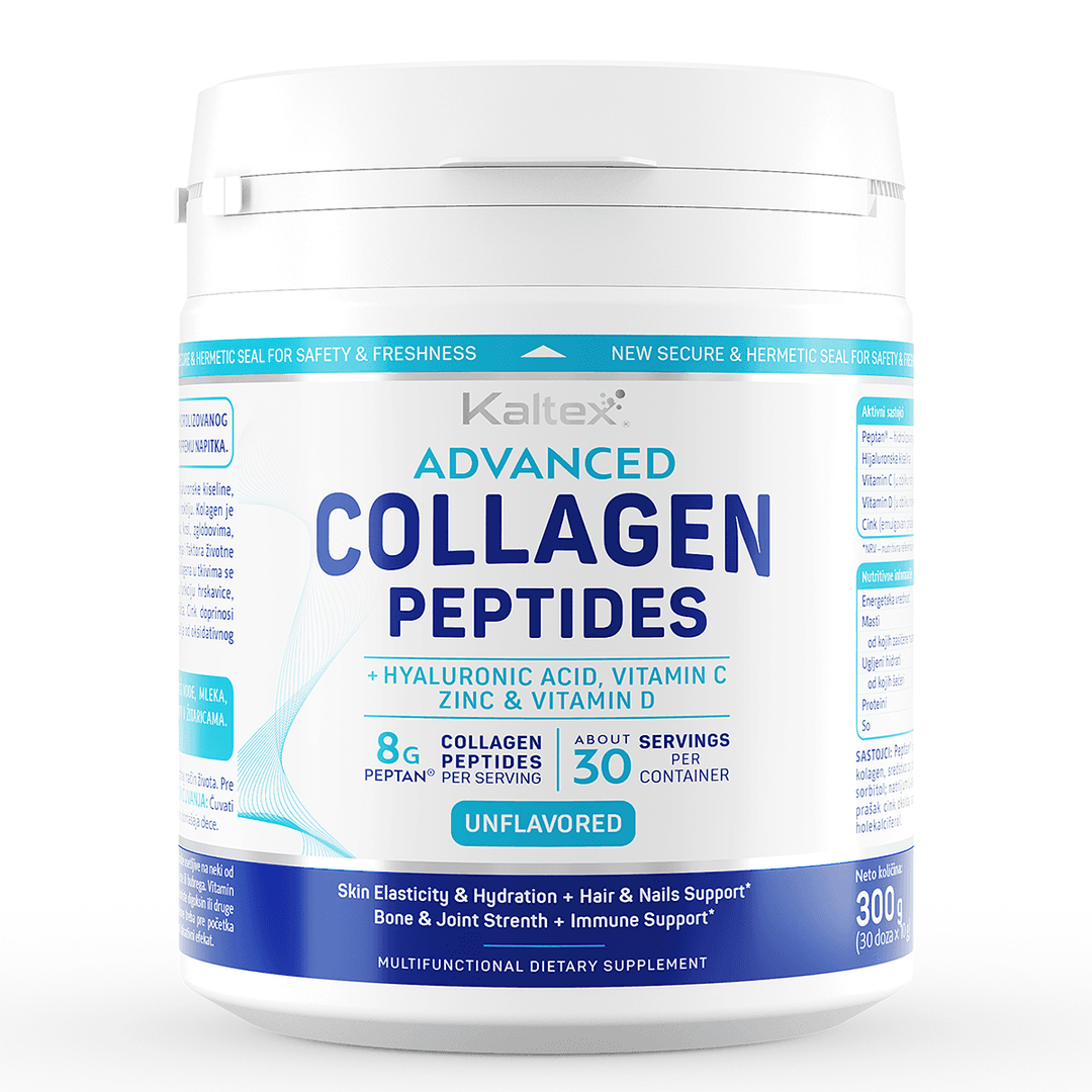 Kaltex® Advanced Collagen Peptides sa 8 g Peptan® hidrolizovanog kolagena, hijaluronskom kiselinom, vitaminima C i D i cinkom.