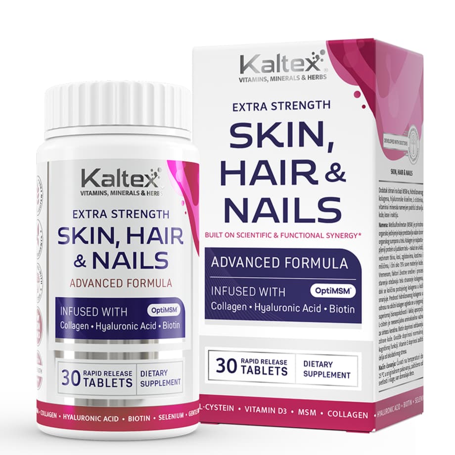 Kaltex® Skin Hair Nails sa biotinom, L-cisteinom, kolagenom, hijaluronskom kiselinom i OptiMSM™ za svakodnevnu podršku kosi, koži i noktima.
