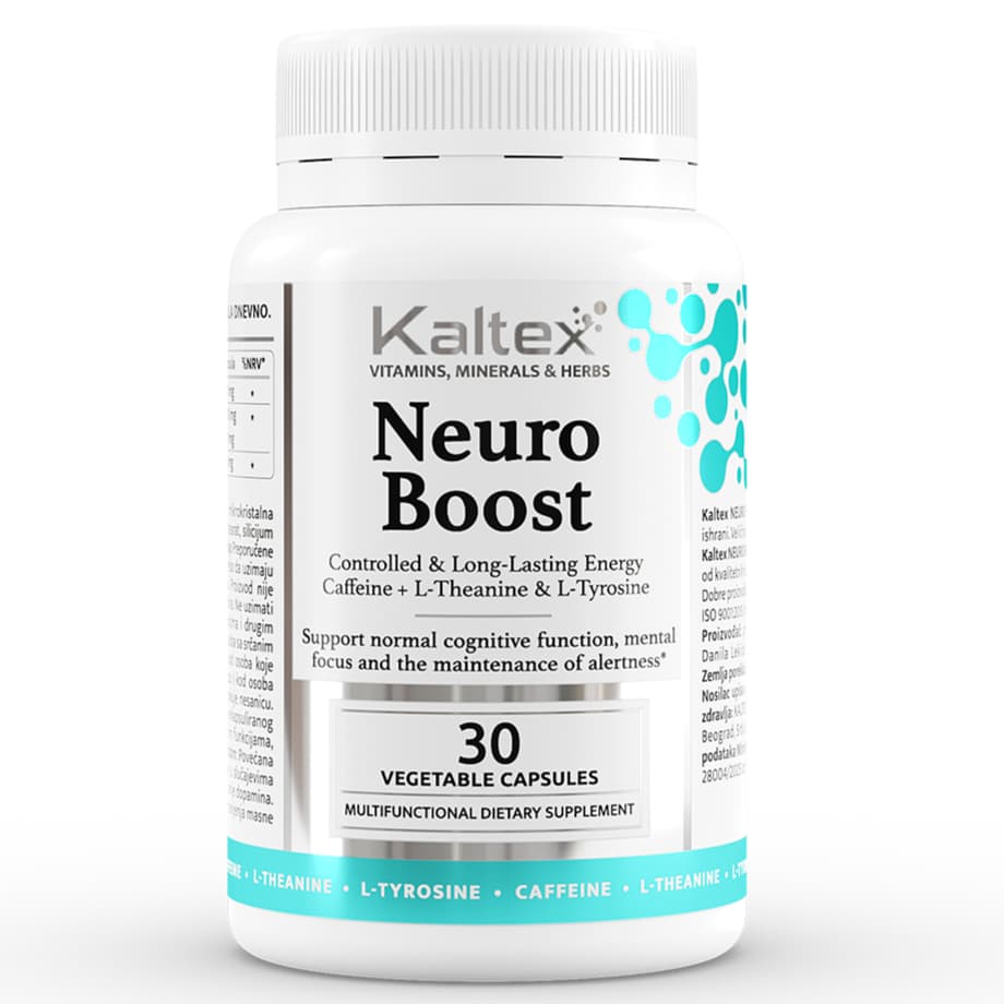 Neuro-Boost sa mikroenkapsuliranim kofeinom XR, L-teaninom i L-tirozinom za podršku fokusu, koncentraciji, budnosti i mentalnoj energiji.