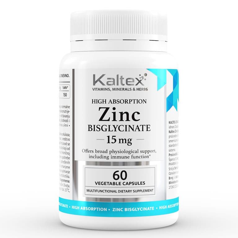 Zinc Bisglycinate 15 mg sa cink bisglicinatom za podršku imunitetu, koži, kosi, noktima, reproduktivnoj funkciji i zaštiti ćelija.