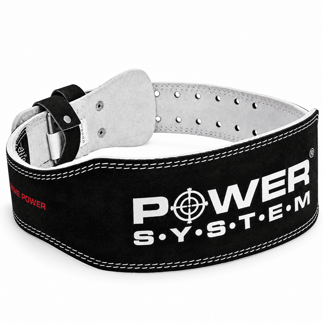 Belt Power Basic crni kožni pojas za teretanu sa širokim zadnjim delom, čvrstim šavovima i metalnom kopčom