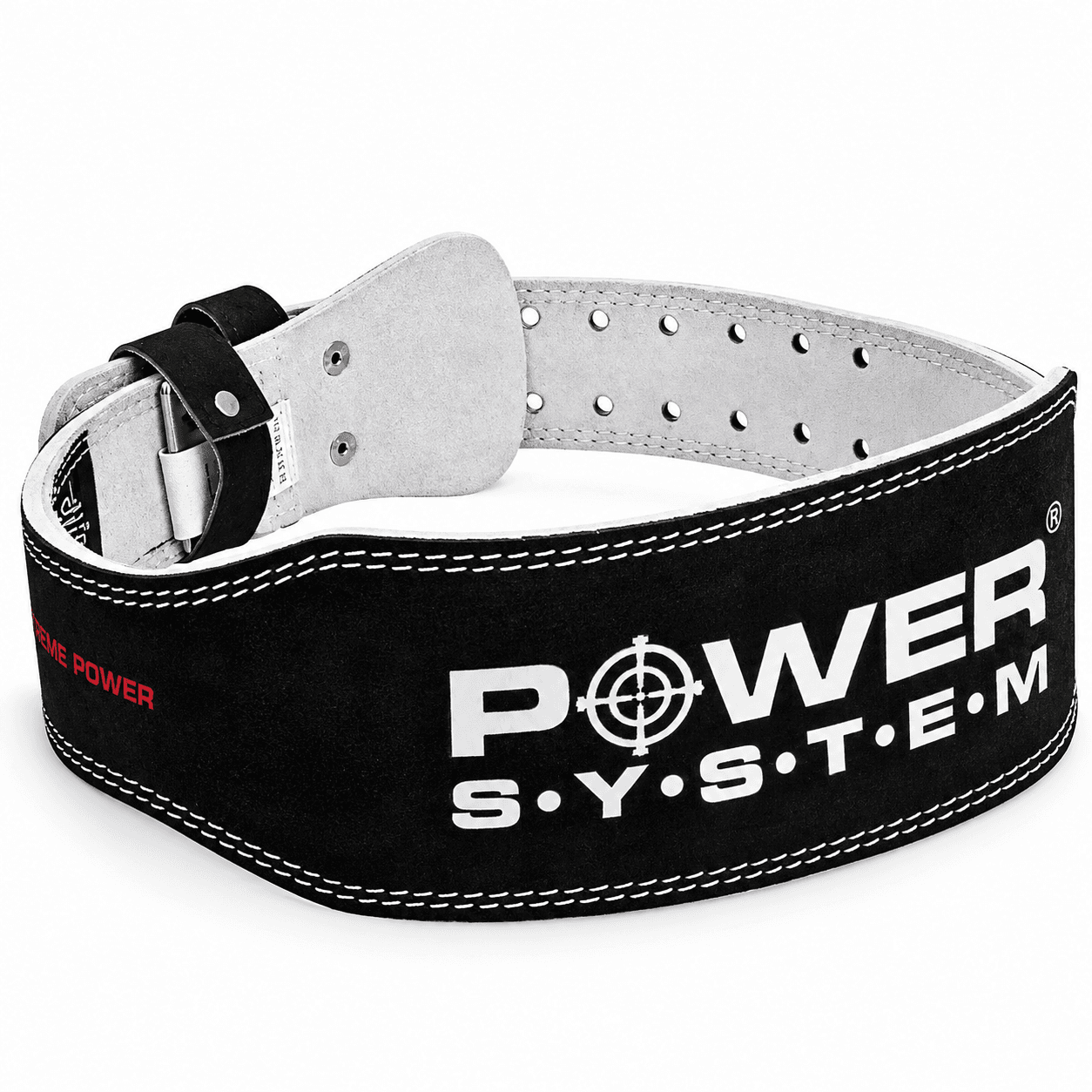 Belt Power Basic crni kožni pojas za teretanu sa širokim zadnjim delom, čvrstim šavovima i metalnom kopčom