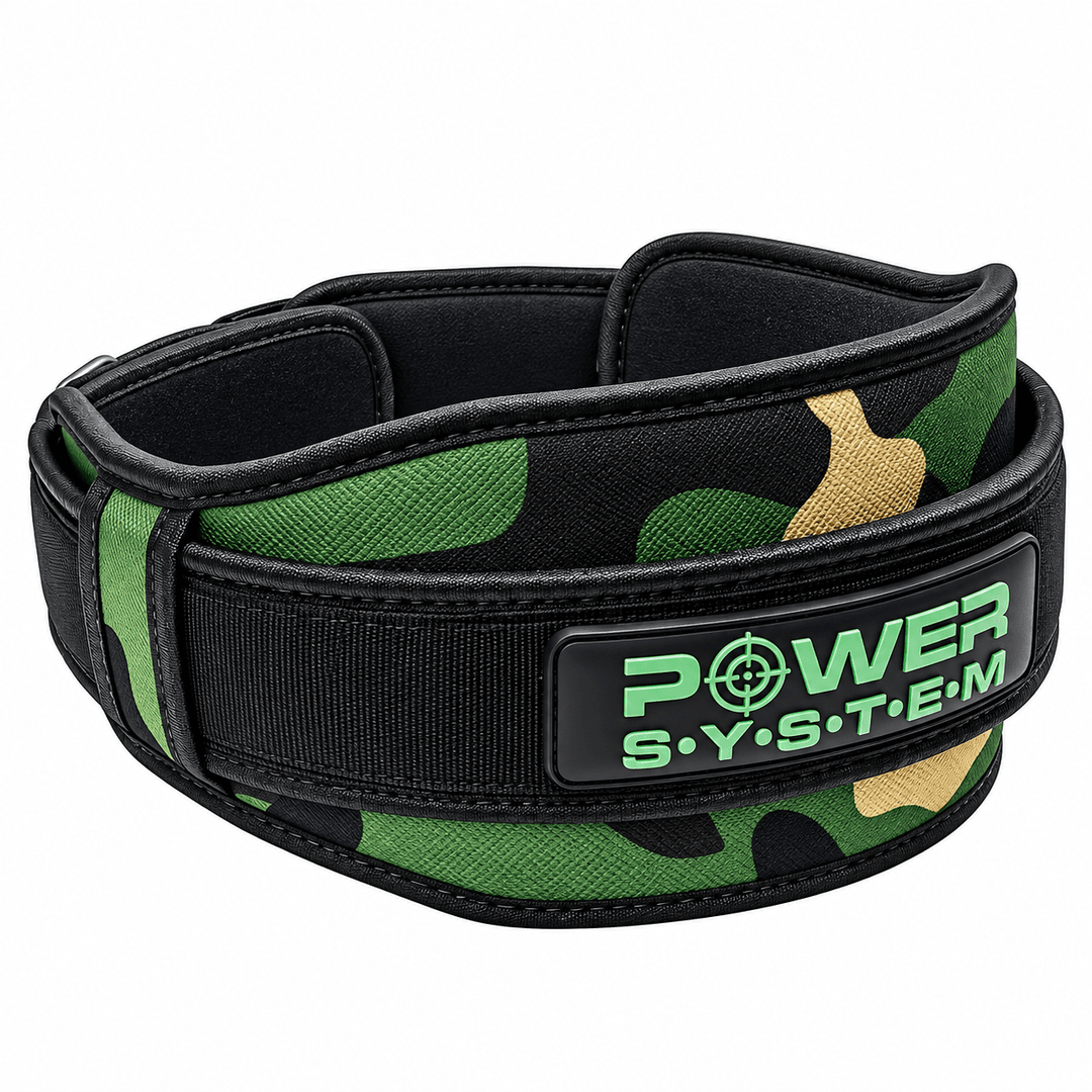 Belt Predator neoprenski camo pojas za teretanu sa zeleno-crnim maskirnim dezenom, proširenim zadnjim delom i čičak zatvaranjem