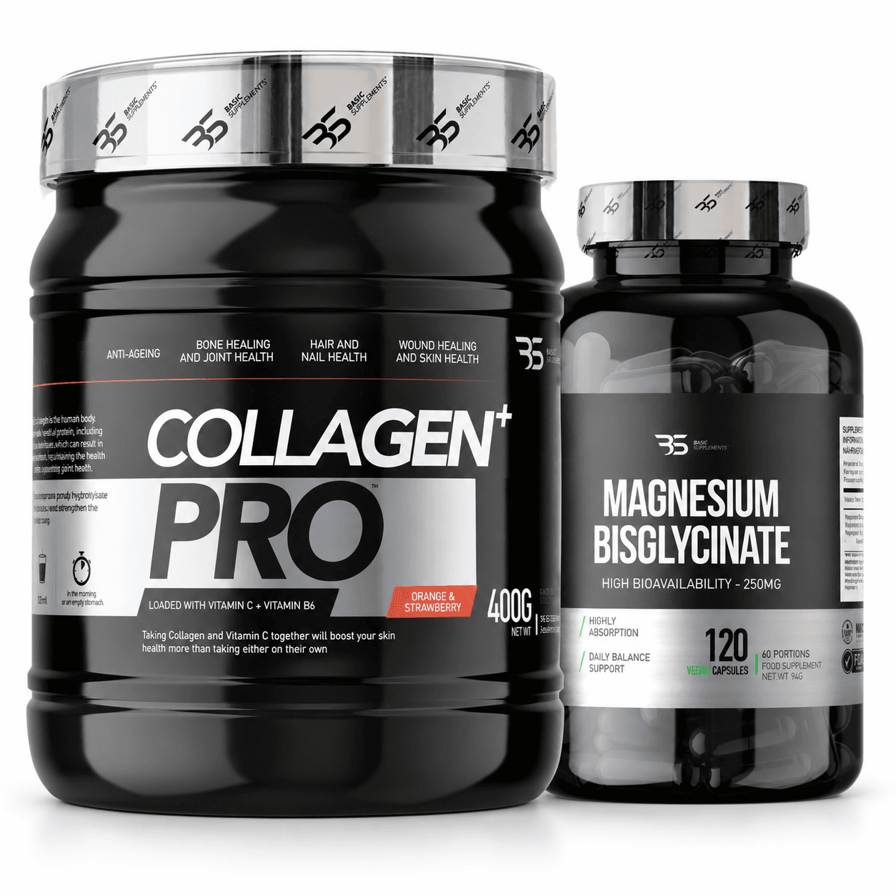 Collagen Pro 400 g i Magnesium Bisglycinate 120 cap Basic Supplements – paket hidrolizovanog kolagena sa vitaminom C i magnezijum bisglicinata