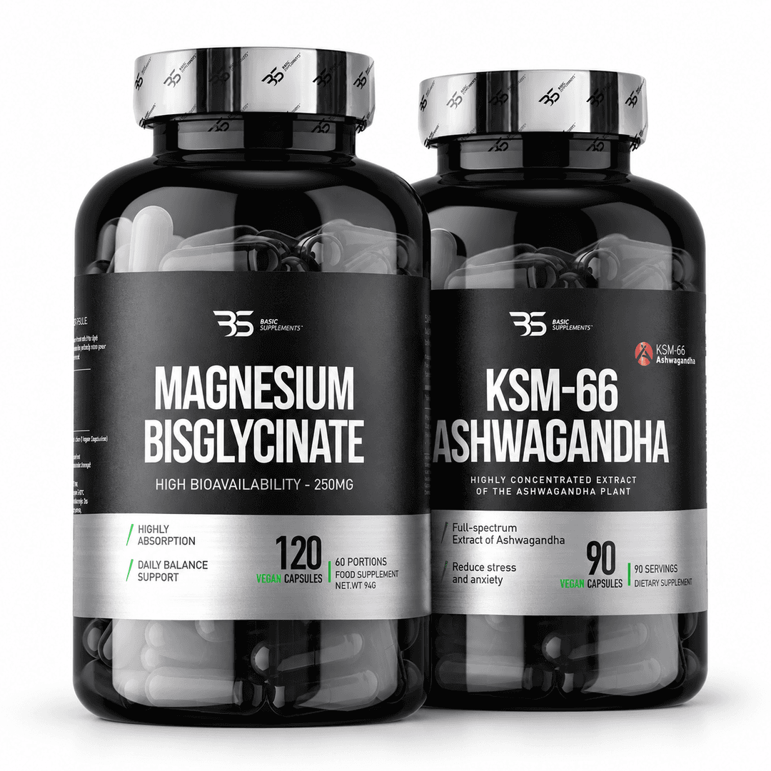 Magnesium Bisglycinate 120 cap i Ashwagandha KSM-66 90 cap Basic Supplements – paket magnezijum bisglicinata i ašvagande standardizovane na 5% vitanolida