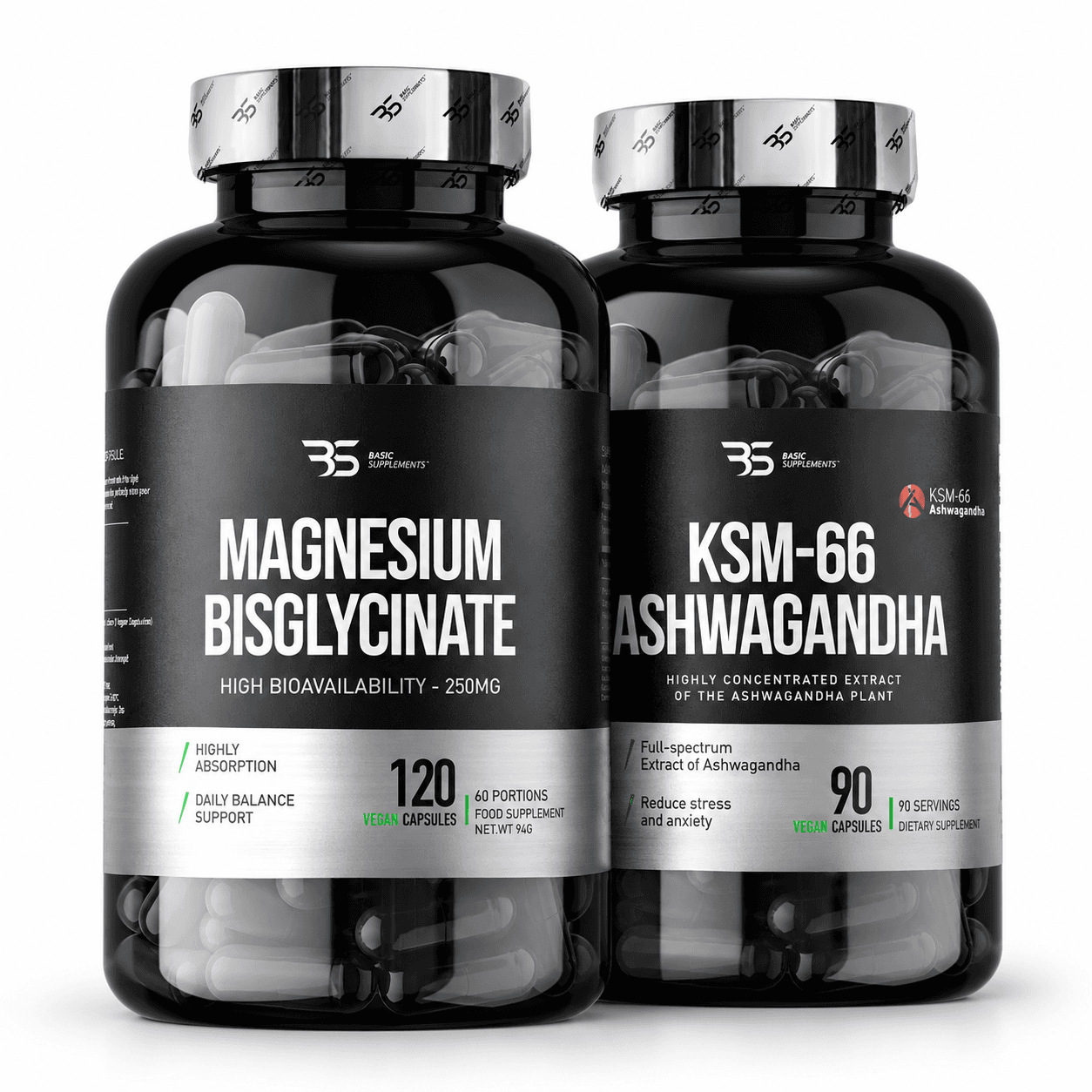 Magnesium Bisglycinate 120 cap i Ashwagandha KSM-66 90 cap Basic Supplements – paket magnezijum bisglicinata i ašvagande standardizovane na 5% vitanolida