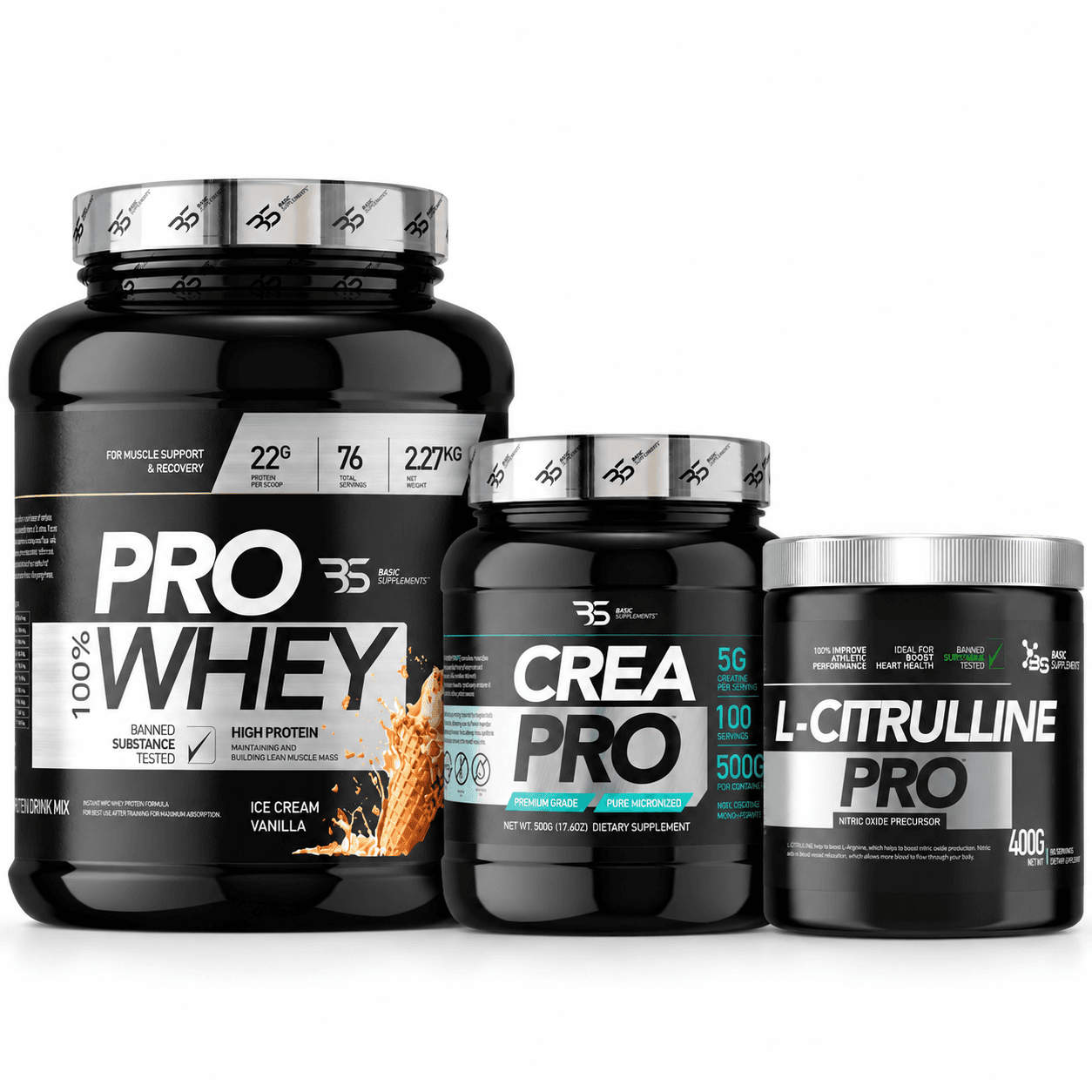 Pro Whey 100% 2.27 kg, L-Citrulline Pro i Crea Pro Basic Supplements – paket whey proteina, L-citrulina i mikronizovanog kreatin-monohidrata