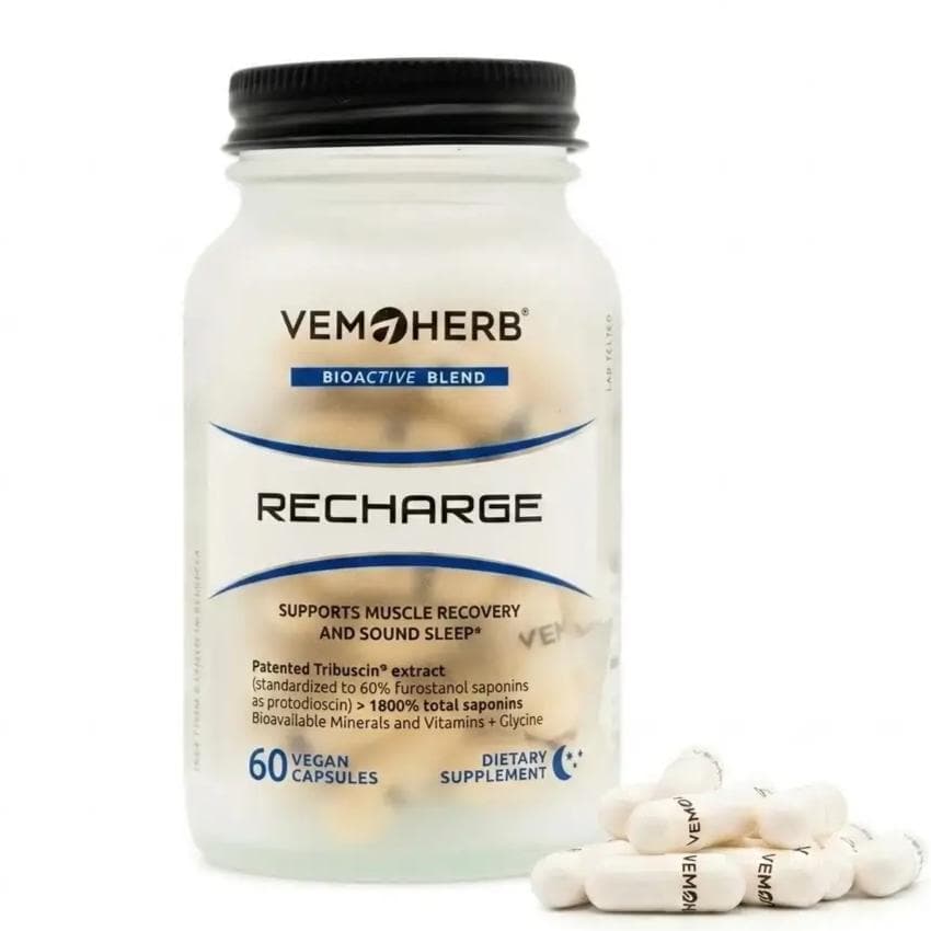 VemoHerb Recharge – večernja formula sa magnezijumom i cinkom bisglicinatom, glicinom, vitaminima B6 i B12 i Tribuscin® Bulgarian Tribulus ekstraktom