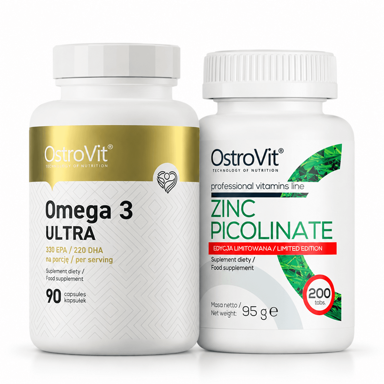 Zinc Picolinate i OstroVit Omega 3 Ultra EPA/DHA 330/220 90 kapsula – paket cinka pikolinata i omega-3 masnih kiselina EPA i DHA