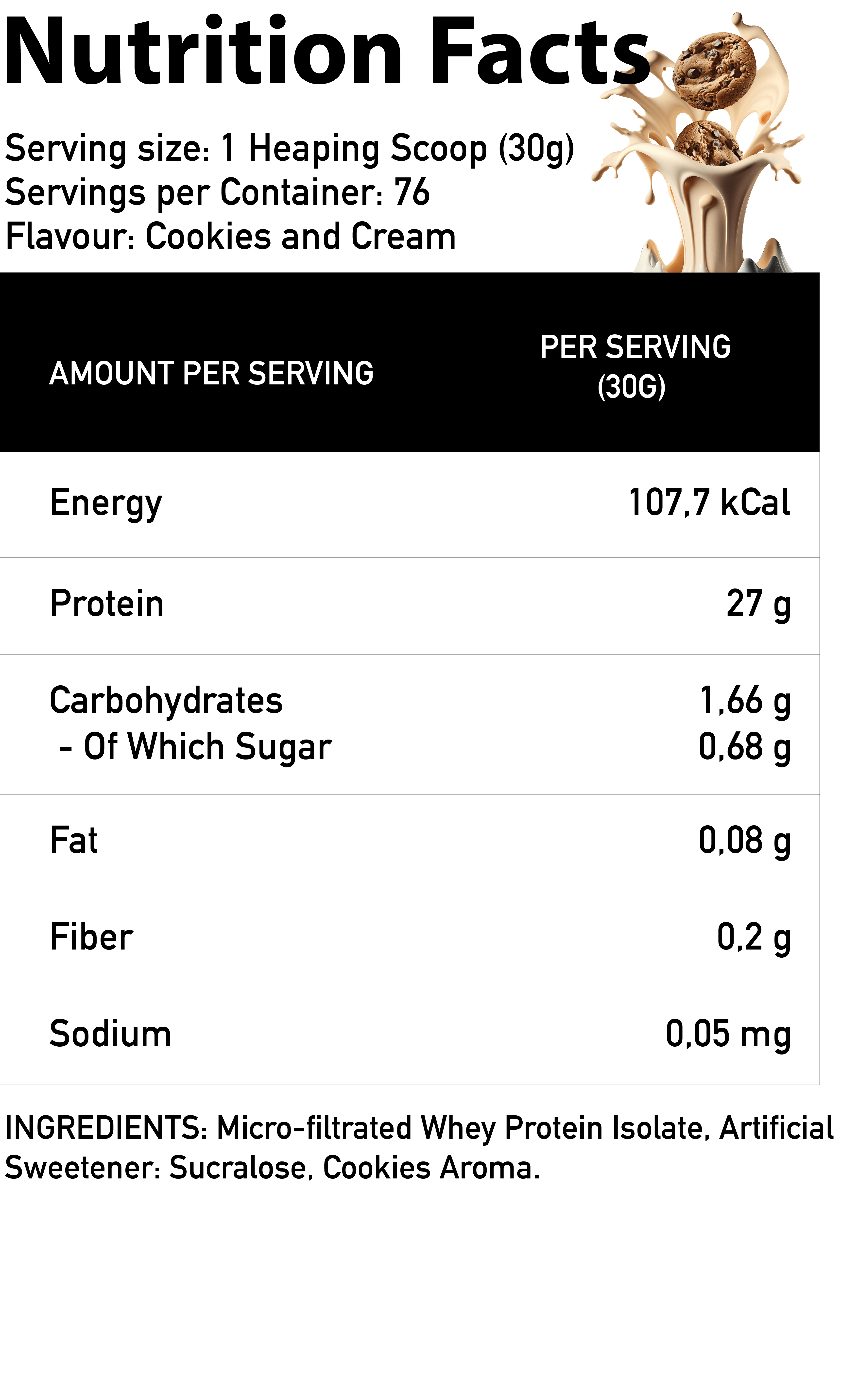 Iso-Pro Whey Nutrition Facts tabela – nutritivne vrednosti po porciji 30g (27g proteina, minimalni šećeri i masti), micro-filtrirani whey protein izolat u ukusu Cookies and Cream.