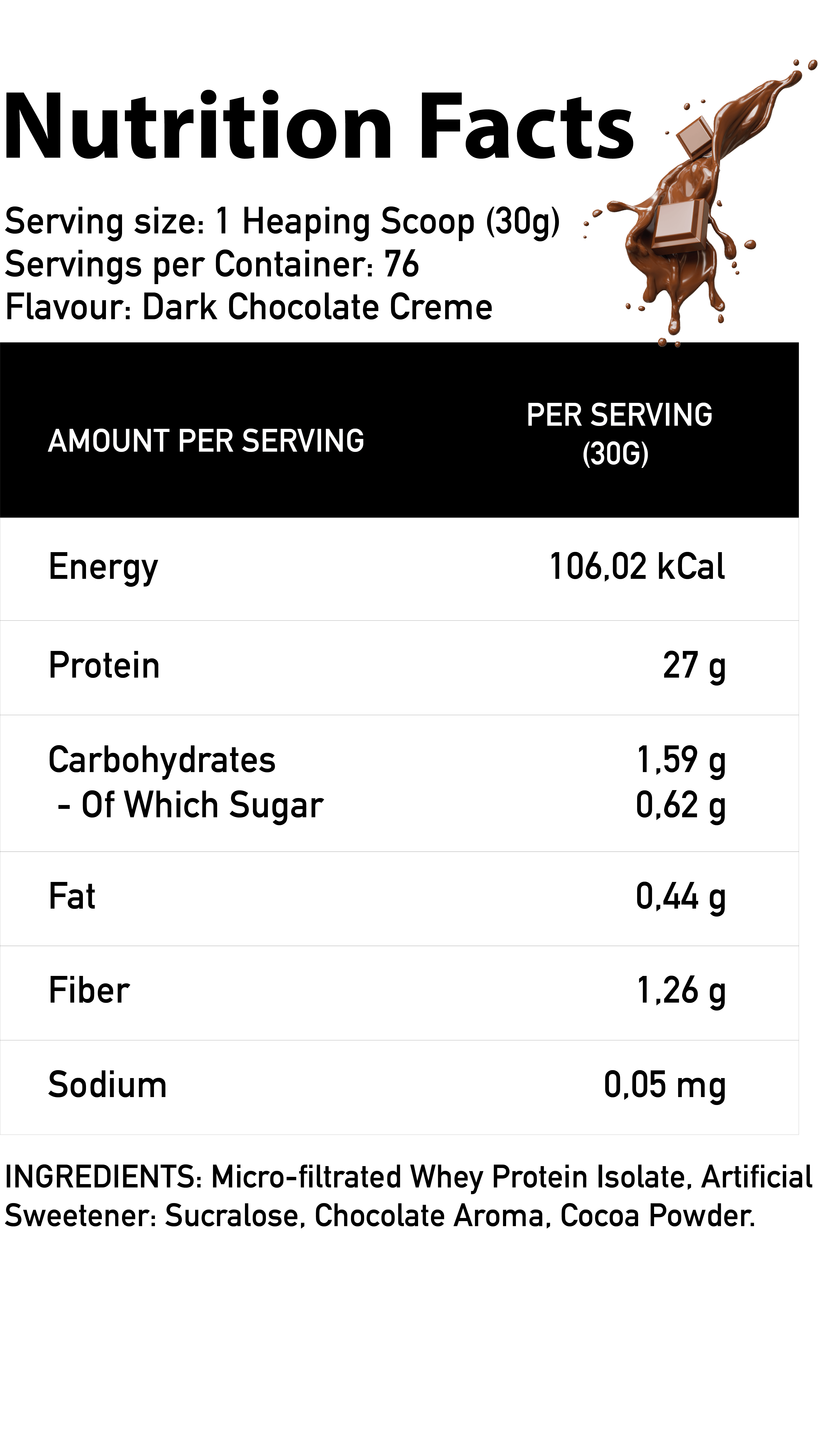 Iso-Pro Whey Dark Chocolate Creme nutritivne vrednosti – 30g porcija, 27g proteina, minimalni šećeri, niske masti, micro-filtrirani whey protein izolat.
