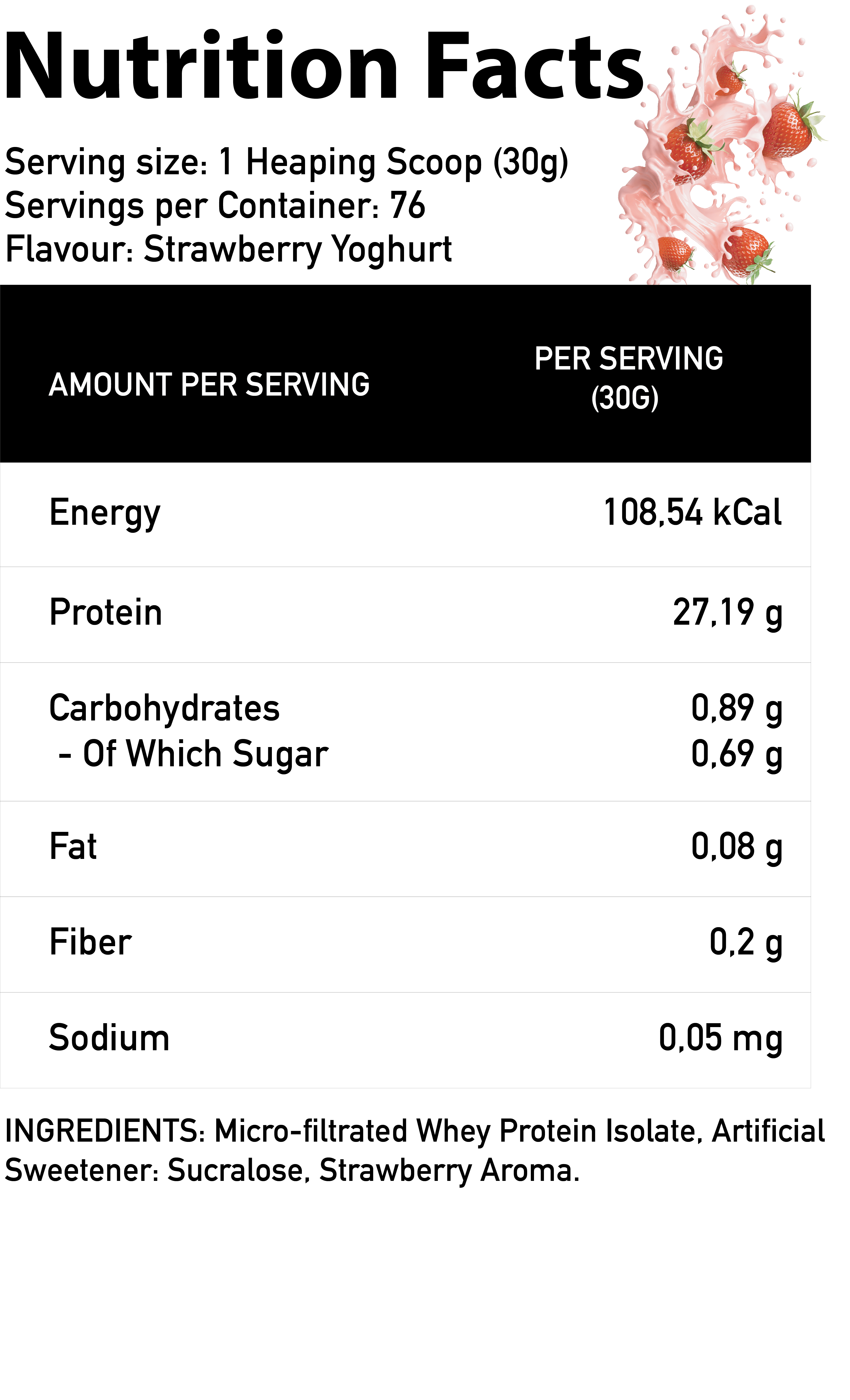 Iso-Pro Whey Strawberry Yoghurt nutritivne vrednosti – 30g porcija, 27.19g proteina, niske masti i ugljeni hidrati, micro-filtrirani whey protein izolat.